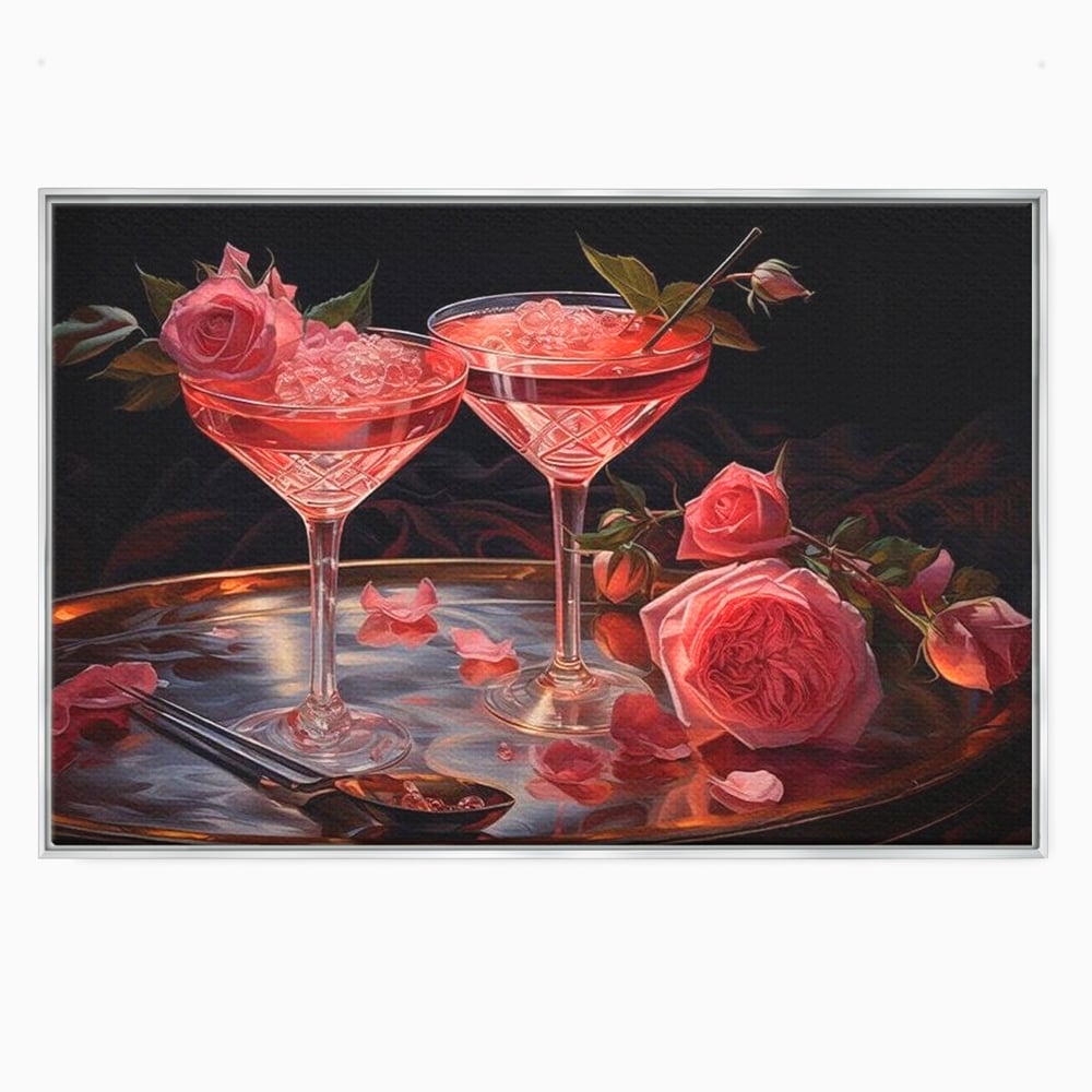 Tablou canvas cu tablou canvas cu pahare de cocktail si trandafiri, in rama de aluminiu argintiu