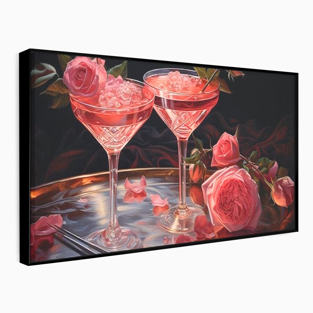 Tablou canvas cu tablou canvas cu pahare de cocktail si trandafiri, in rama de aluminiu negru