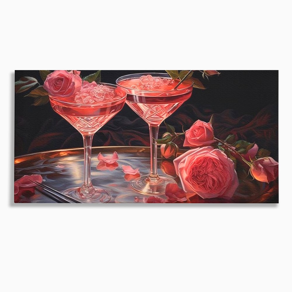 Tablou canvas cu tablou canvas cu pahare de cocktail si trandafiri, fara rama, pe sasiu de lemn