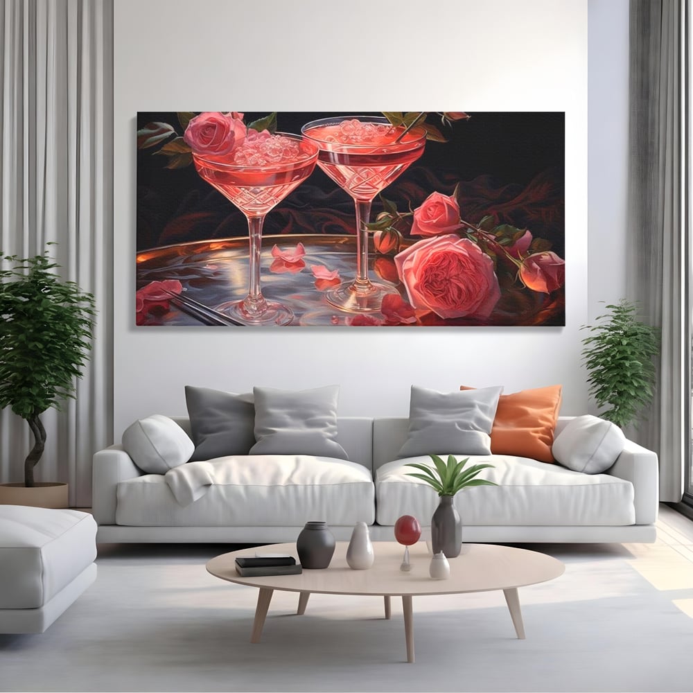 Tablou canvas cu tablou canvas cu pahare de cocktail si trandafiri, fara rama, pe sasiu de lemn, pe perete intr-un living