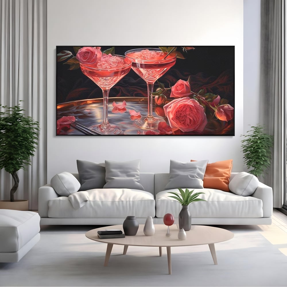 Tablou canvas cu tablou canvas cu pahare de cocktail si trandafiri, in rama de aluminiu negru, pe perete intr-un living