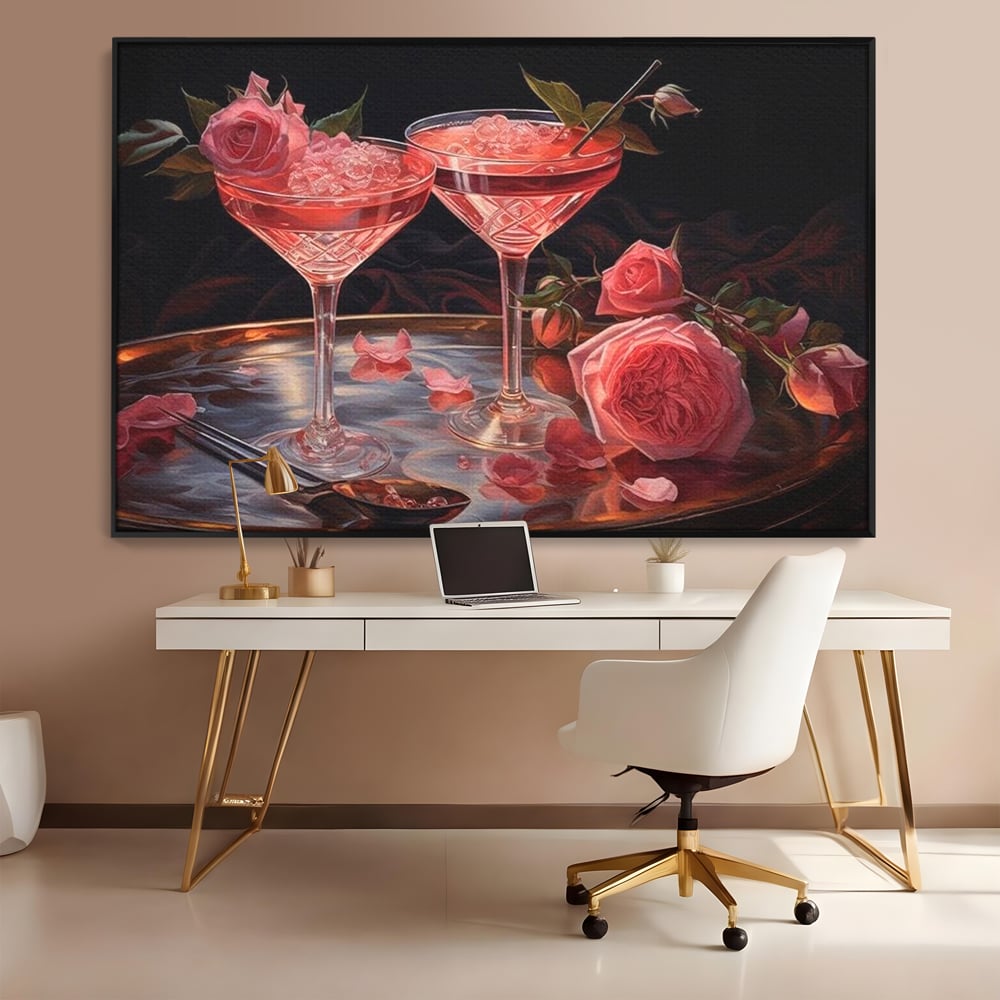 Tablou canvas cu tablou canvas cu pahare de cocktail si trandafiri, in rama de aluminiu negru, pe perete intr-un birou