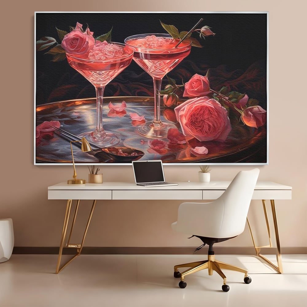 Tablou canvas cu tablou canvas cu pahare de cocktail si trandafiri, in rama de aluminiu argintiu, pe perete intr-un birou