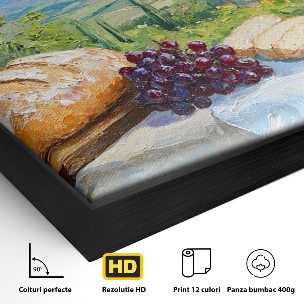 Detaliu al suprafetei: tablou canvas cu natura moarta si peisaj toscan, in rama de aluminiu negru
