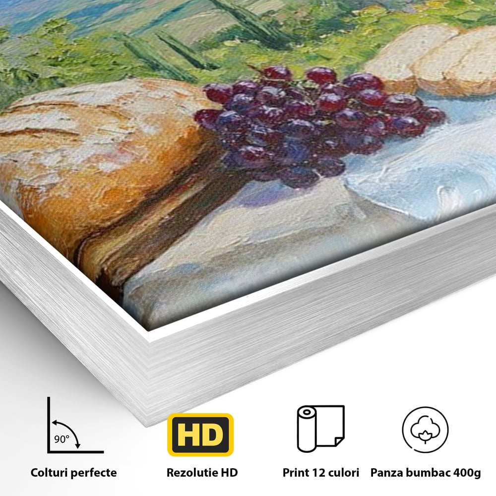 Detaliu al suprafetei: tablou canvas cu natura moarta si peisaj toscan, in rama de aluminiu argintiu