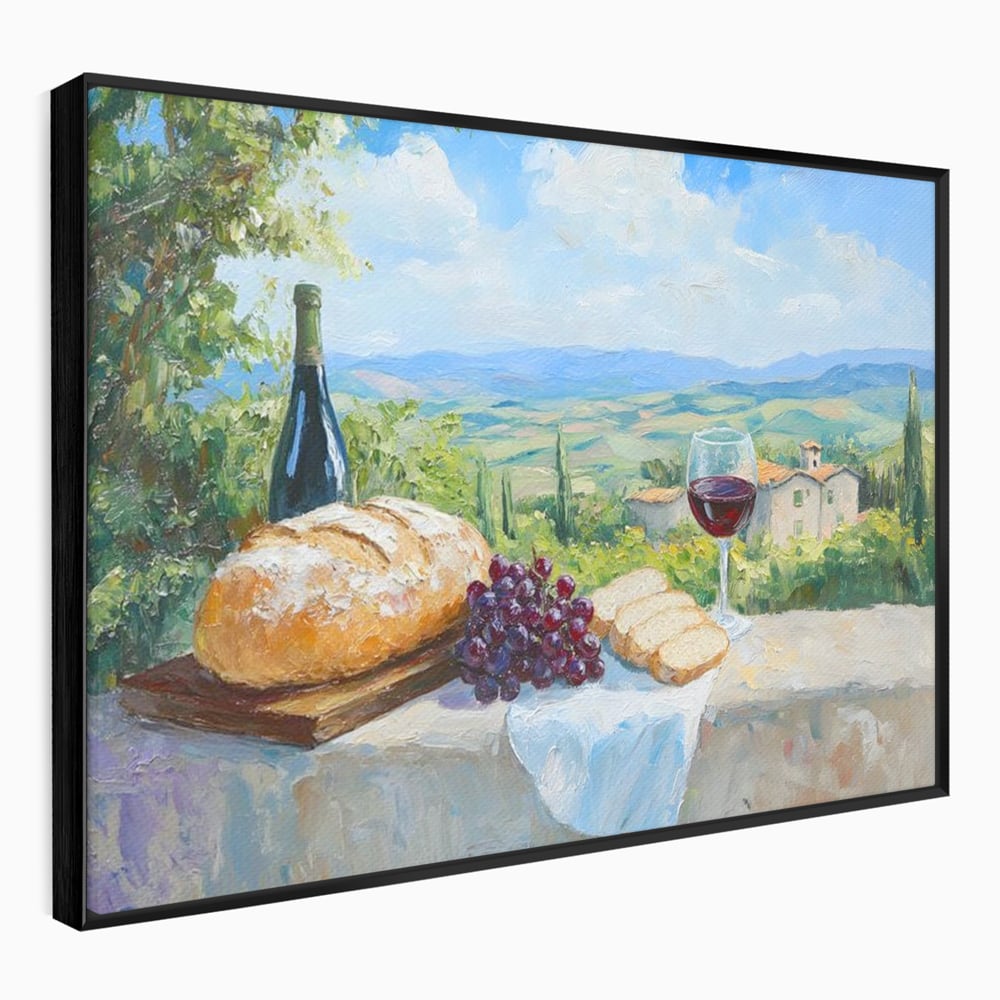 Tablou canvas cu tablou canvas cu natura moarta si peisaj toscan, in rama de aluminiu negru