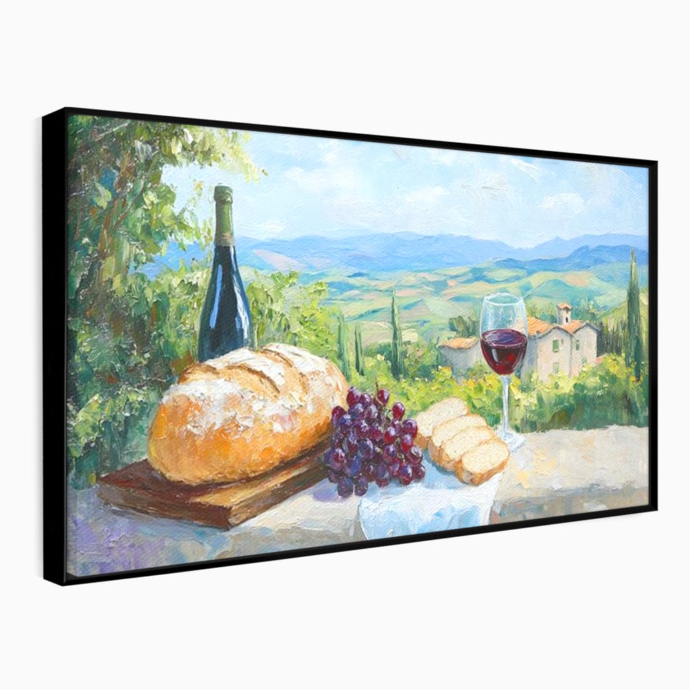 Tablou canvas cu tablou canvas cu natura moarta si peisaj toscan, in rama de aluminiu negru