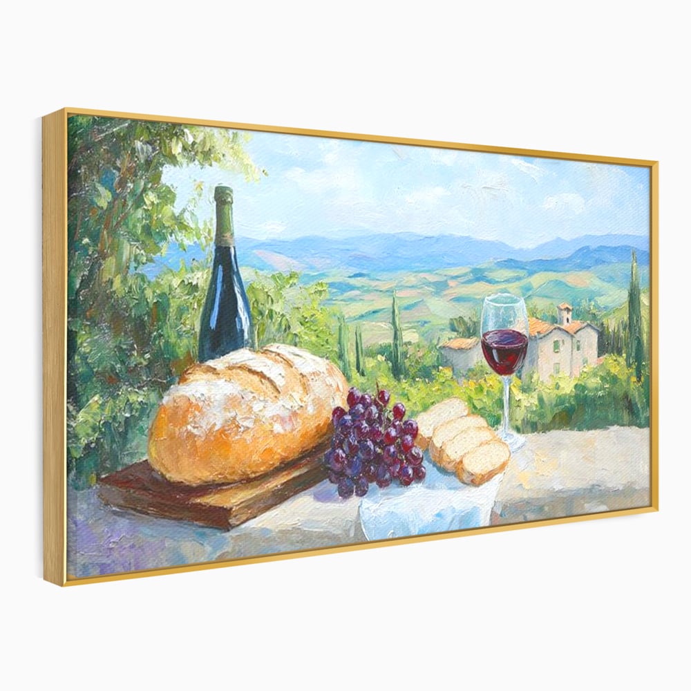 Tablou canvas cu tablou canvas cu natura moarta si peisaj toscan, in rama de aluminiu auriu