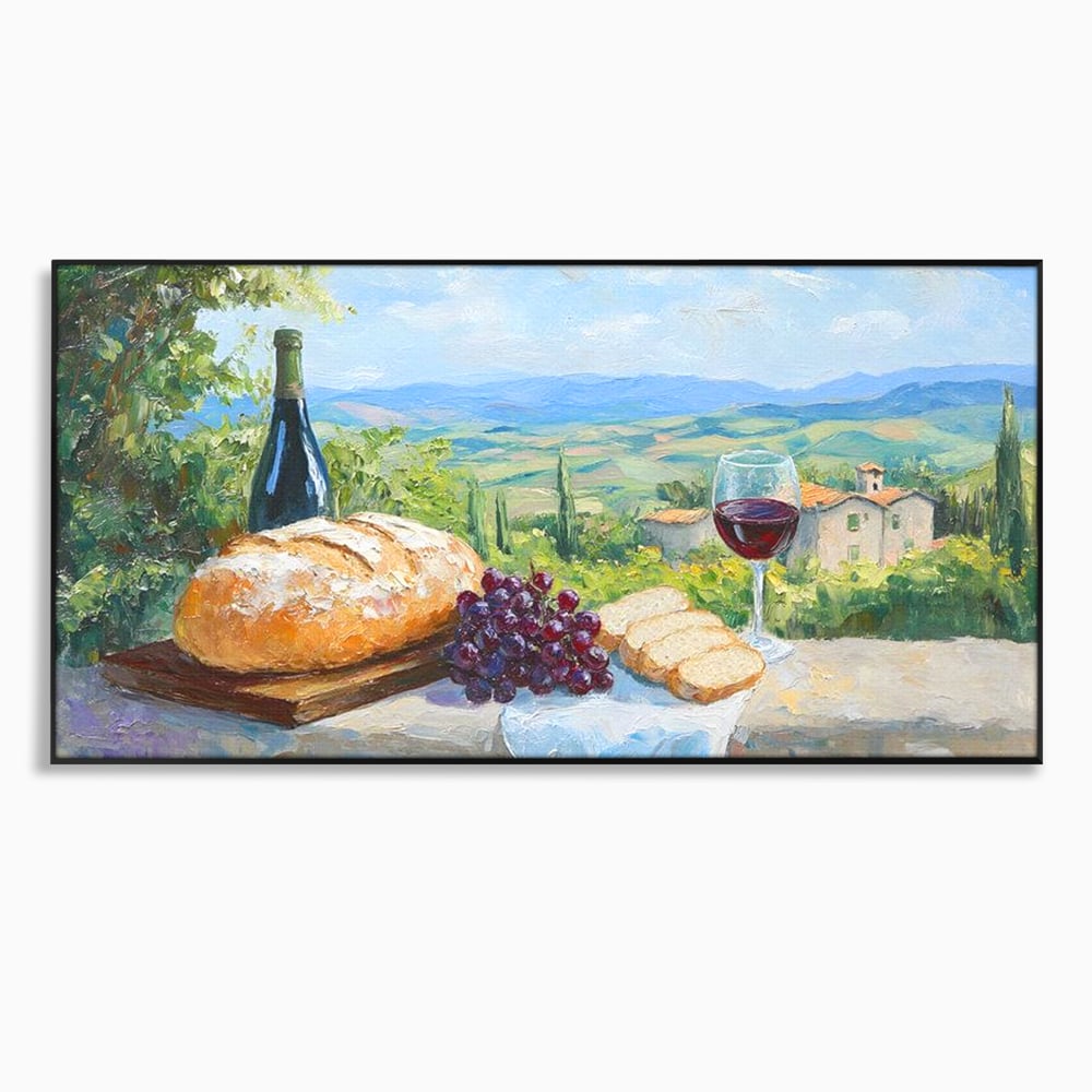 Tablou canvas cu tablou canvas cu natura moarta si peisaj toscan, in rama de aluminiu negru