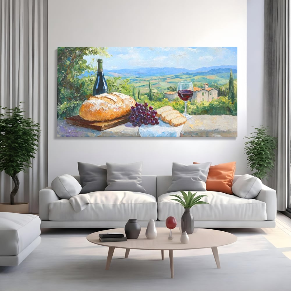 Tablou canvas cu tablou canvas cu natura moarta si peisaj toscan, fara rama, pe sasiu de lemn, pe perete intr-un living