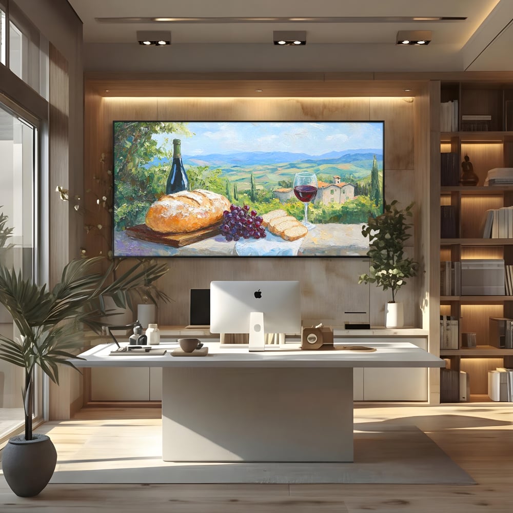 Tablou canvas cu tablou canvas cu natura moarta si peisaj toscan, in rama de aluminiu negru, pe perete intr-un birou