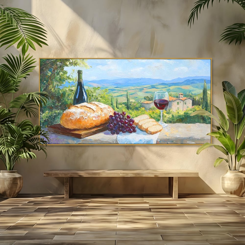 Tablou canvas cu tablou canvas cu natura moarta si peisaj toscan, in rama de aluminiu auriu