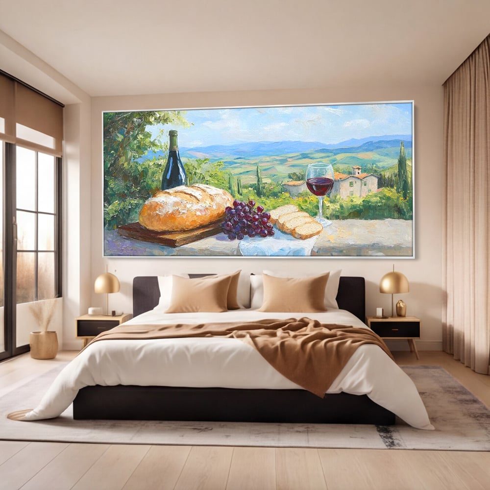 Tablou canvas cu tablou canvas cu natura moarta si peisaj toscan, in rama de aluminiu argintiu, pe perete intr-un dormitor