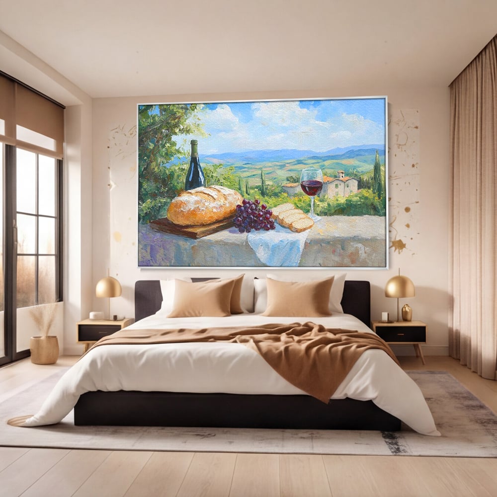 Tablou canvas cu tablou canvas cu natura moarta si peisaj toscan, in rama de aluminiu argintiu, pe perete intr-un dormitor