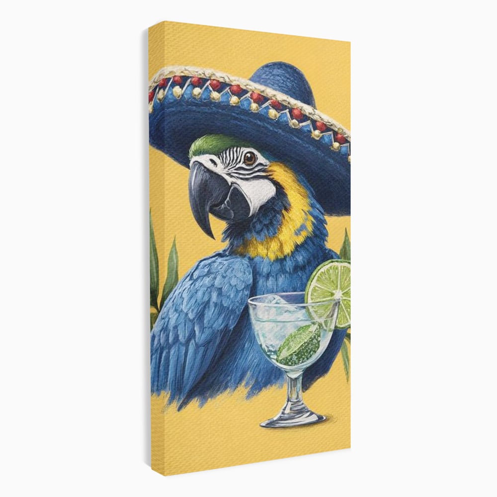 Tablou canvas cu tablou canvas cu papagal si sombrero, fara rama, pe sasiu de lemn