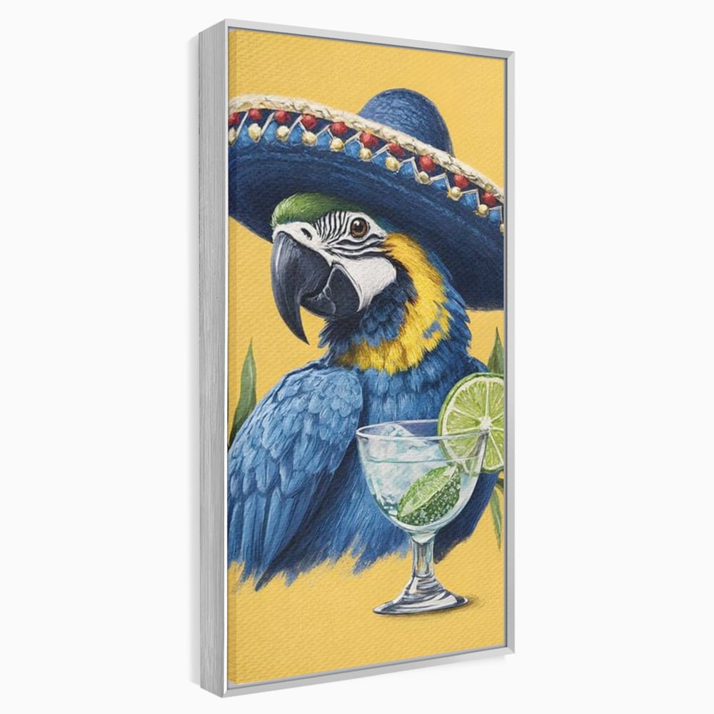 Tablou canvas cu tablou canvas cu papagal si sombrero, in rama de aluminiu argintiu
