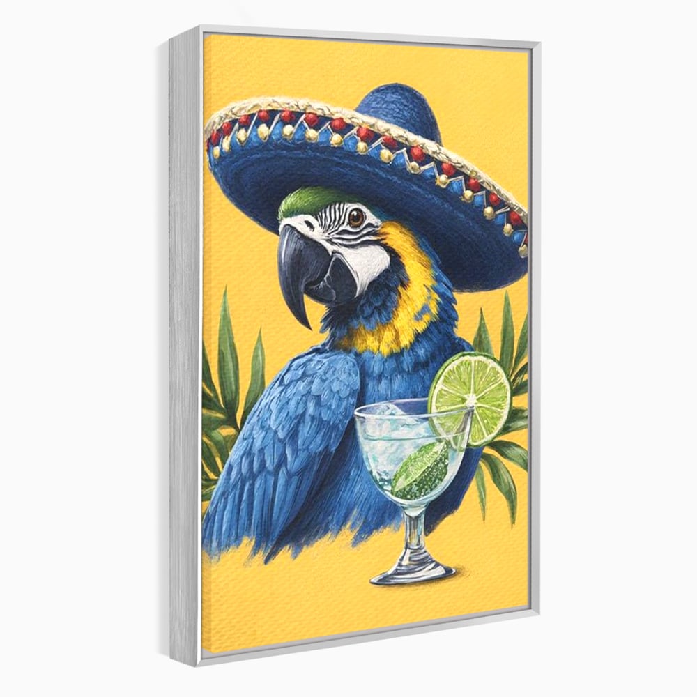Tablou canvas cu tablou canvas cu papagal si sombrero, in rama de aluminiu argintiu