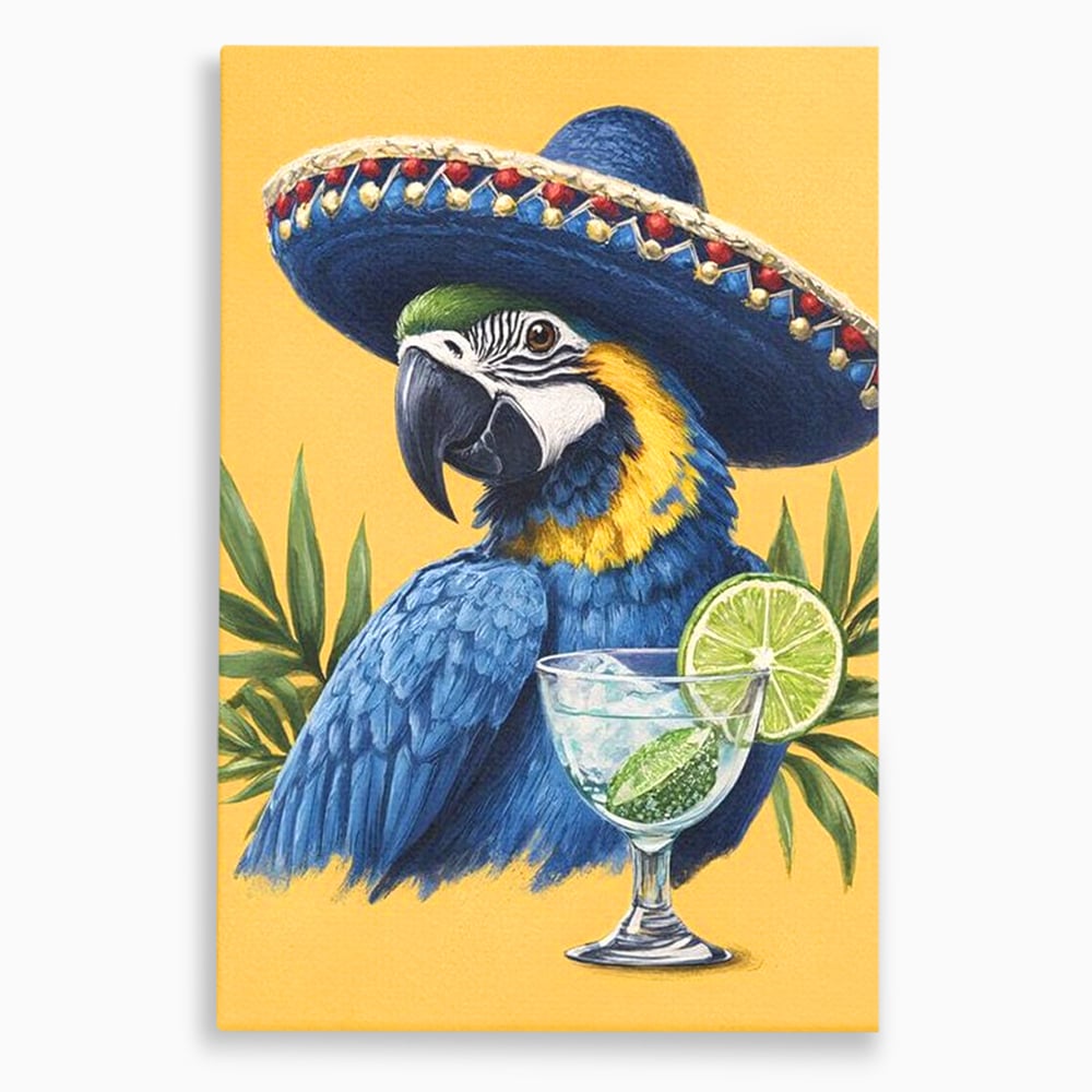 Tablou canvas cu tablou canvas cu papagal si sombrero, fara rama, pe sasiu de lemn
