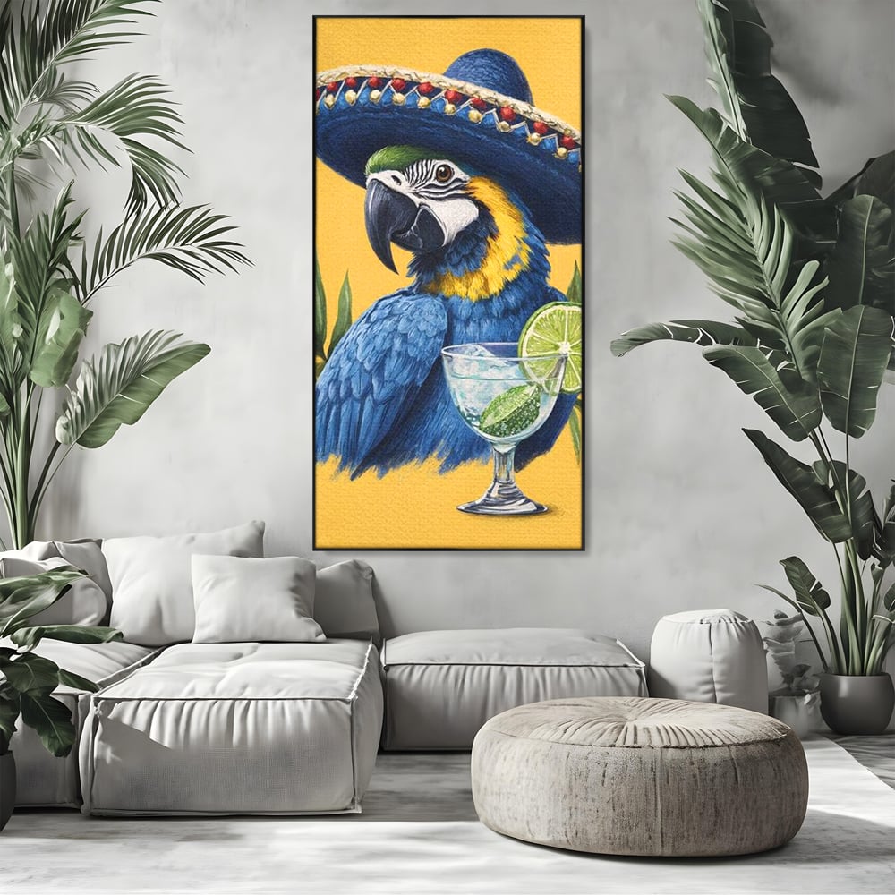Tablou canvas cu tablou canvas cu papagal si sombrero, in rama de aluminiu negru, pe perete intr-un living