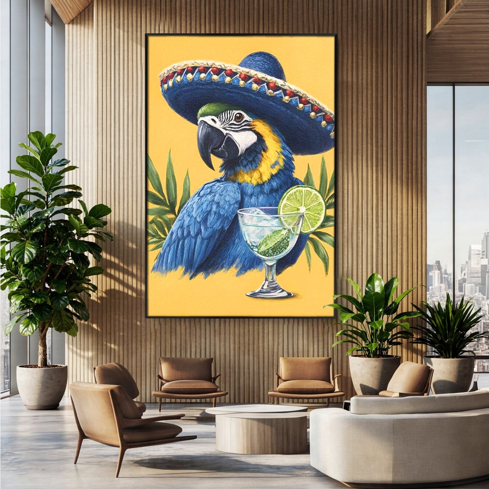 Tablou canvas cu tablou canvas cu papagal si sombrero, in rama de aluminiu negru, pe perete intr-un birou