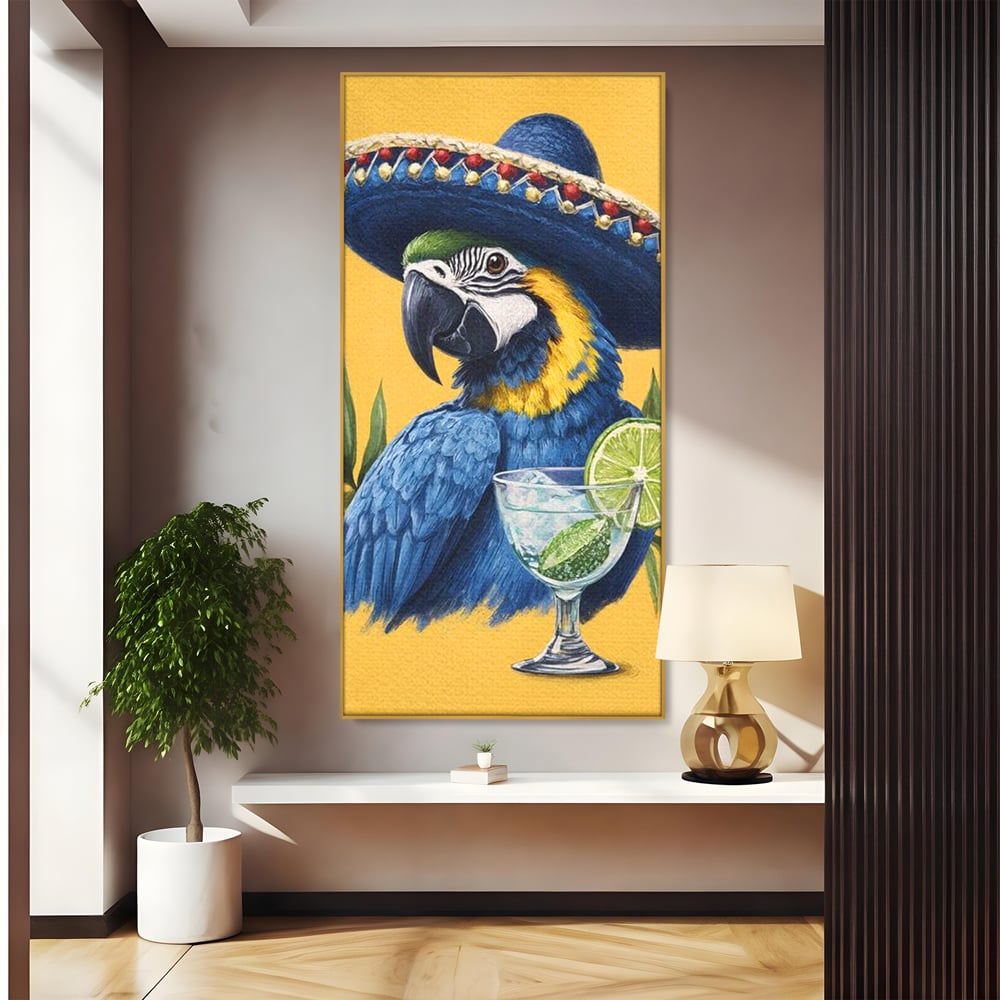 Tablou canvas cu tablou canvas cu papagal si sombrero, in rama de aluminiu auriu
