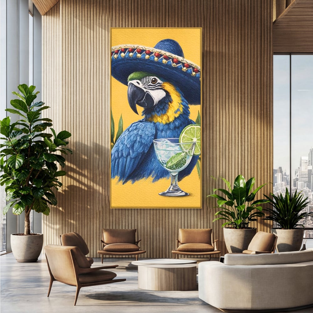 Tablou canvas cu tablou canvas cu papagal si sombrero, in rama de aluminiu auriu, pe perete intr-un birou