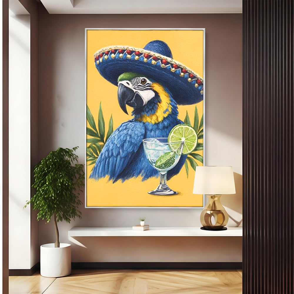 Tablou canvas cu tablou canvas cu papagal si sombrero, in rama de aluminiu argintiu