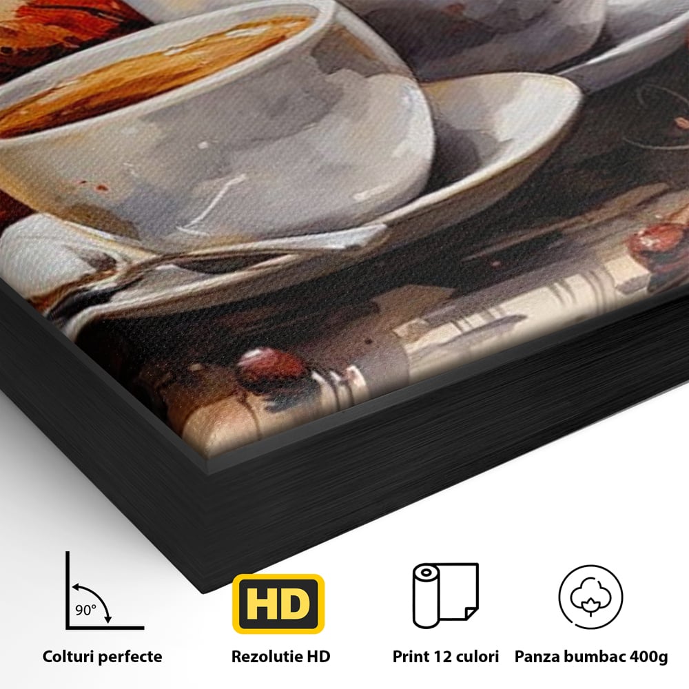 Detaliu al suprafetei: pictura cu doua cesti de cafea si frunze de toamna, in rama de aluminiu negru