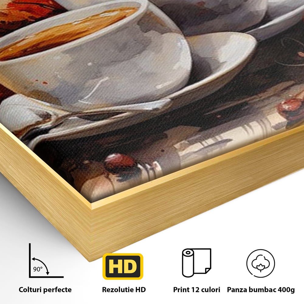 Detaliu al suprafetei: pictura cu doua cesti de cafea si frunze de toamna, in rama de aluminiu auriu