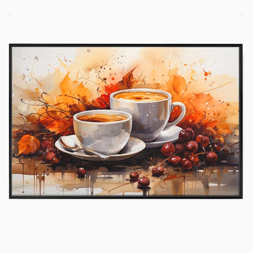 Tablou canvas cu pictura cu doua cesti de cafea si frunze de toamna, in rama de aluminiu negru