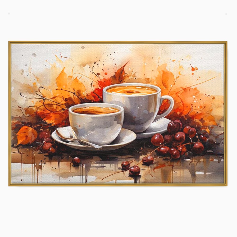 Tablou canvas cu pictura cu doua cesti de cafea si frunze de toamna, in rama de aluminiu auriu
