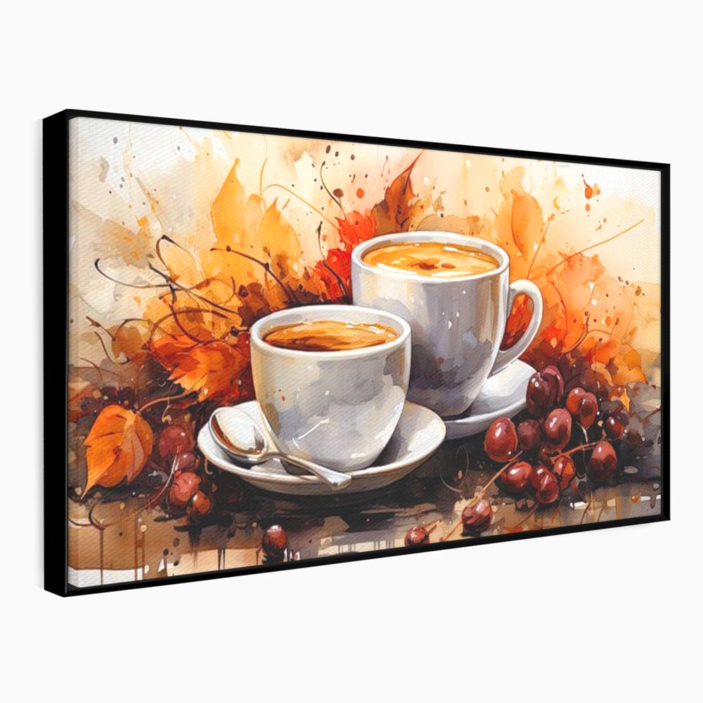 Tablou canvas cu pictura cu doua cesti de cafea si frunze de toamna, in rama de aluminiu negru