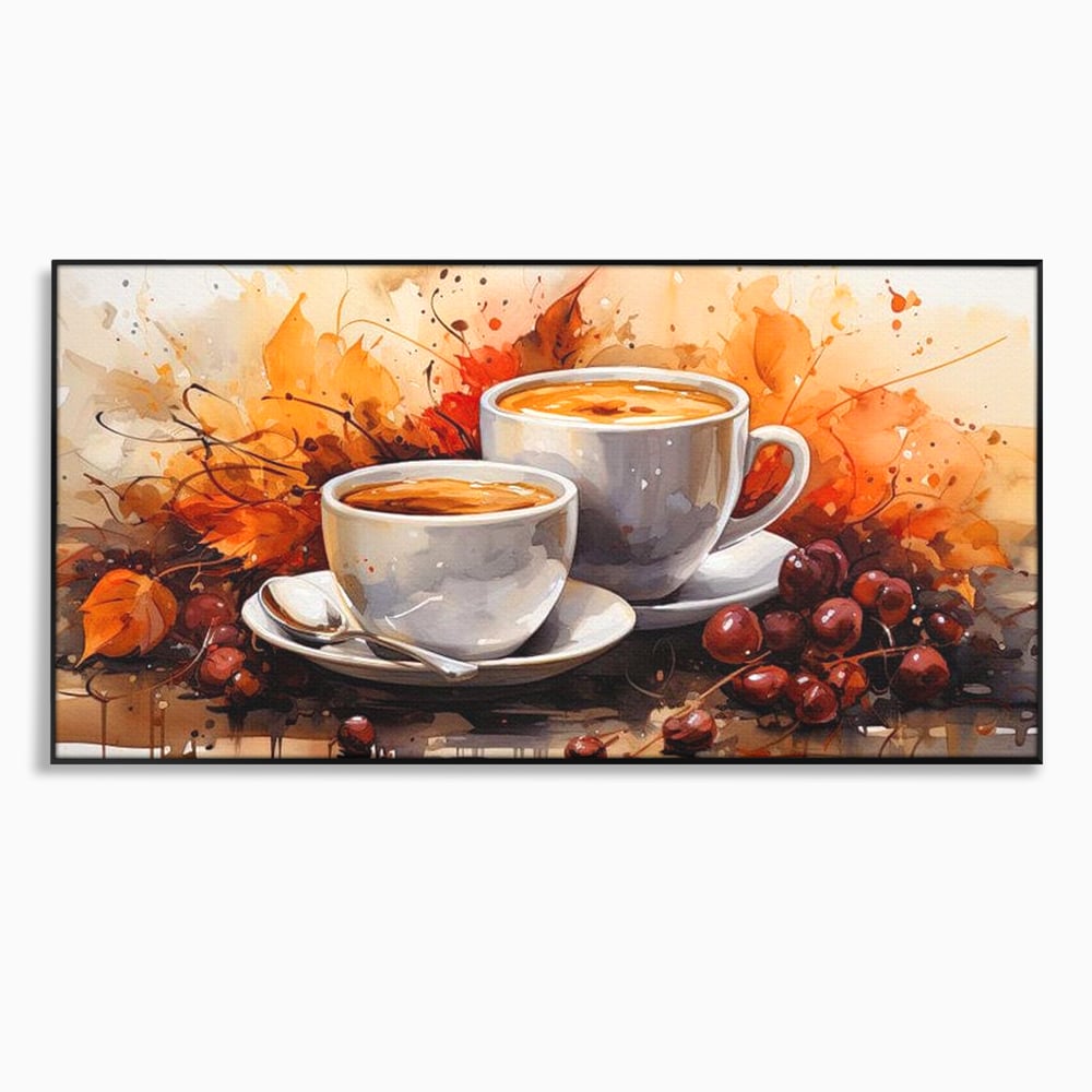 Tablou canvas cu pictura cu doua cesti de cafea si frunze de toamna, in rama de aluminiu negru