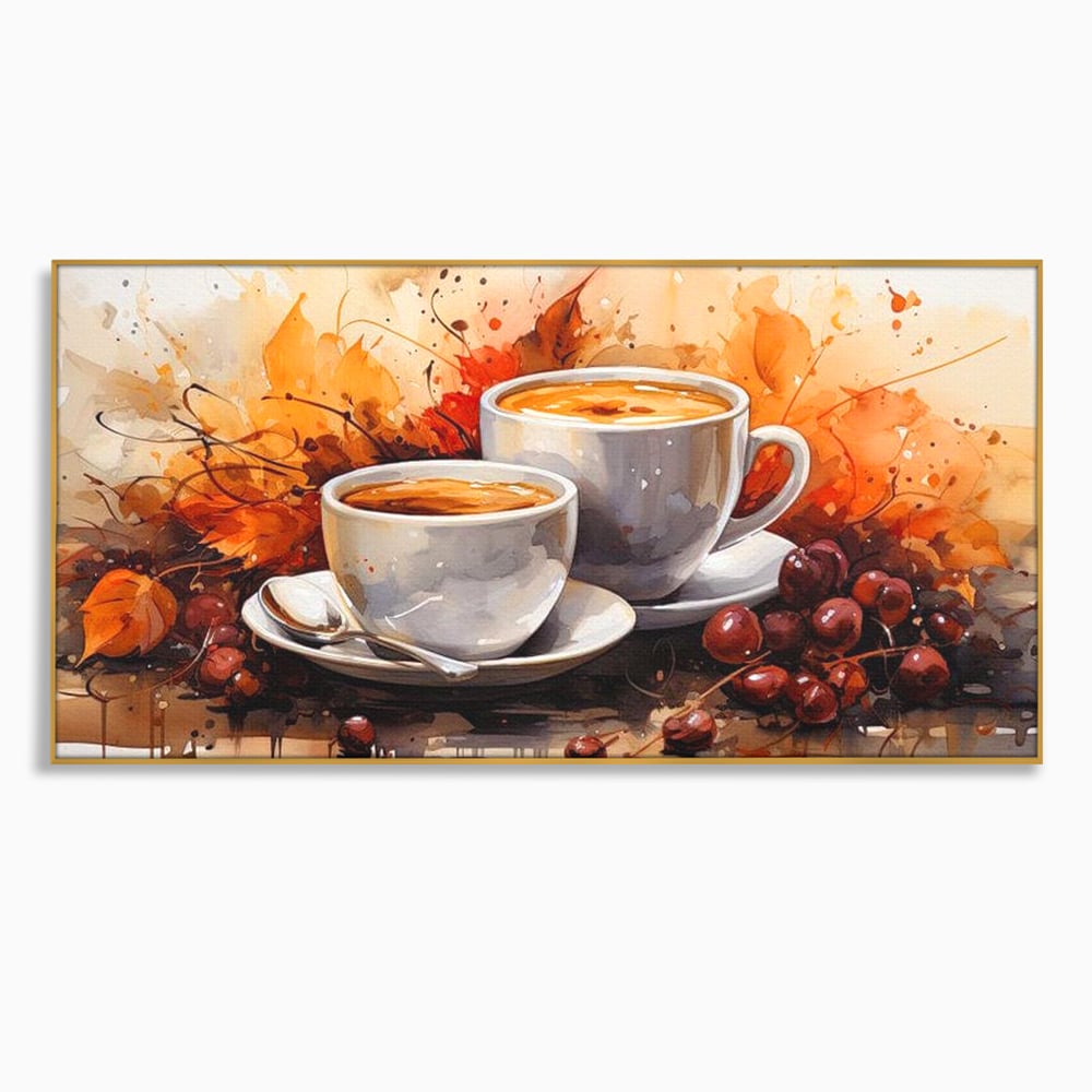 Tablou canvas cu pictura cu doua cesti de cafea si frunze de toamna, in rama de aluminiu auriu