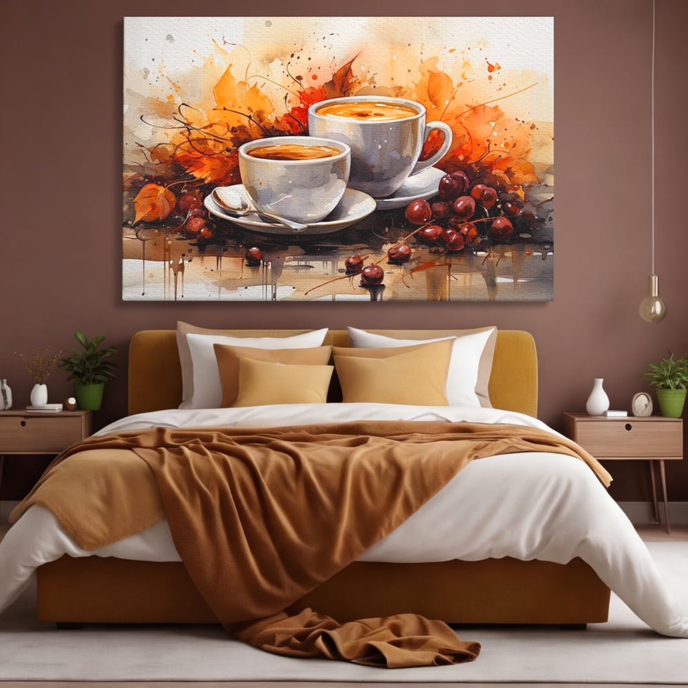 Tablou canvas cu pictura cu doua cesti de cafea si frunze de toamna, fara rama, pe sasiu de lemn, pe perete intr-un dormitor