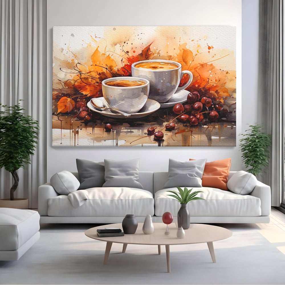 Tablou canvas cu pictura cu doua cesti de cafea si frunze de toamna, fara rama, pe sasiu de lemn, pe perete intr-un living