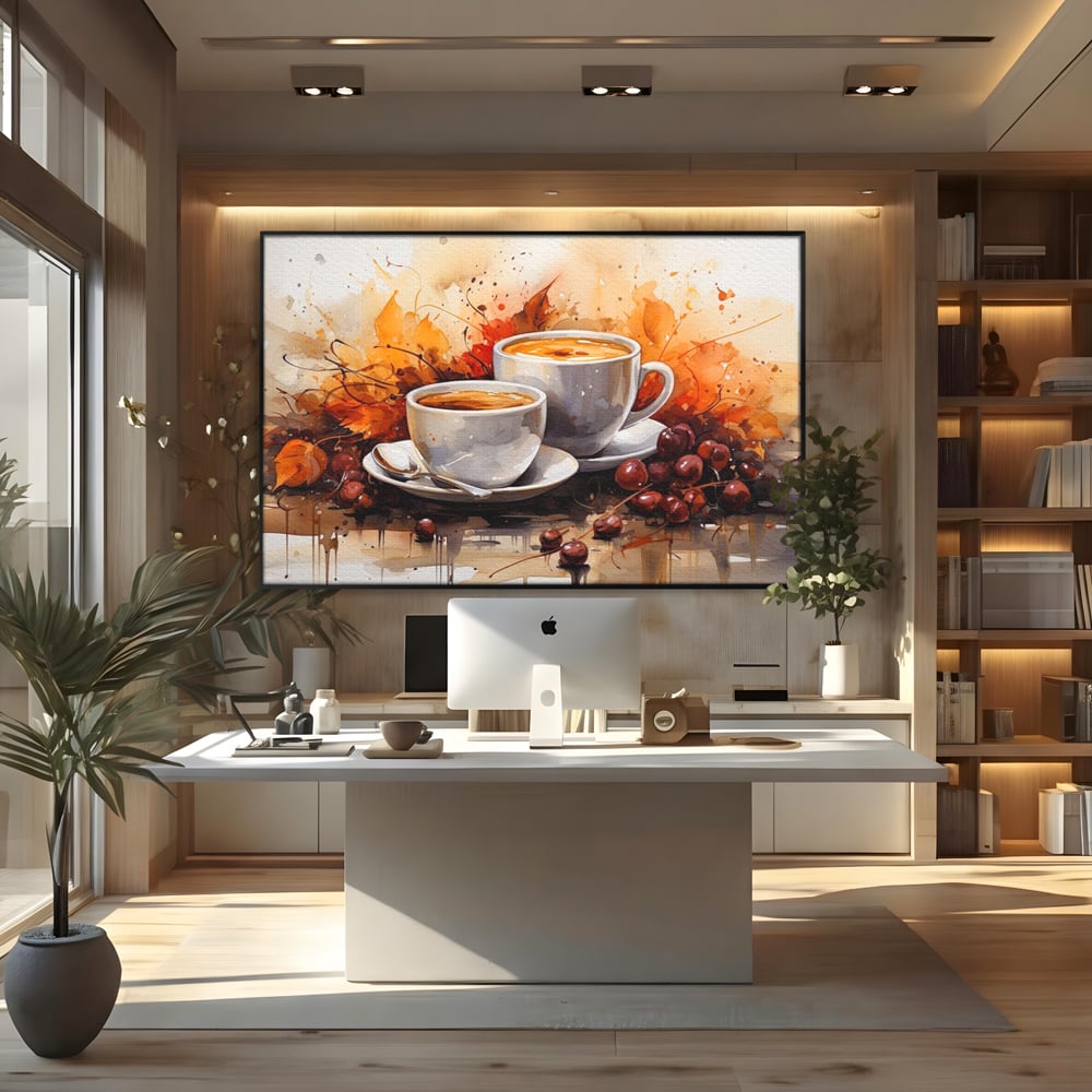 Tablou canvas cu pictura cu doua cesti de cafea si frunze de toamna, in rama de aluminiu negru, pe perete intr-un birou