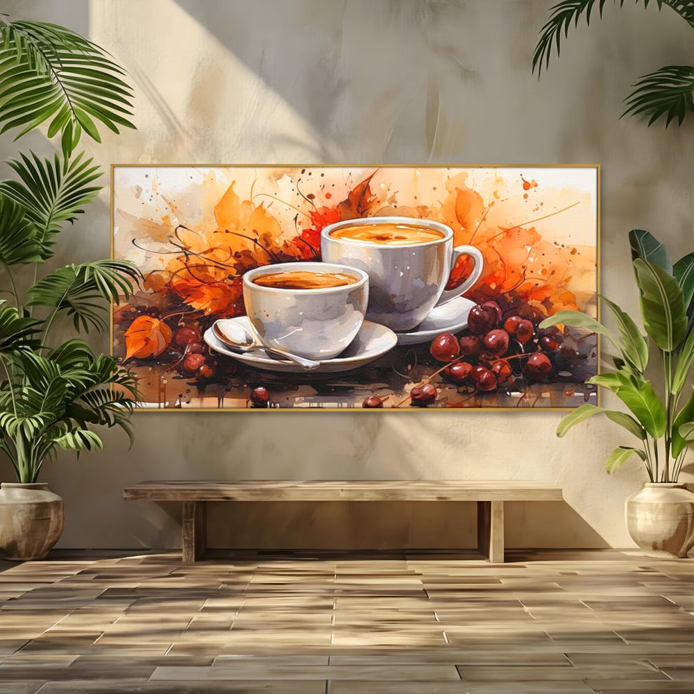 Tablou canvas cu pictura cu doua cesti de cafea si frunze de toamna, in rama de aluminiu auriu