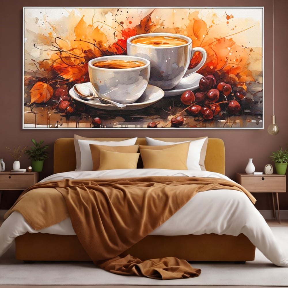 Tablou canvas cu pictura cu doua cesti de cafea si frunze de toamna, in rama de aluminiu argintiu, pe perete intr-un dormitor
