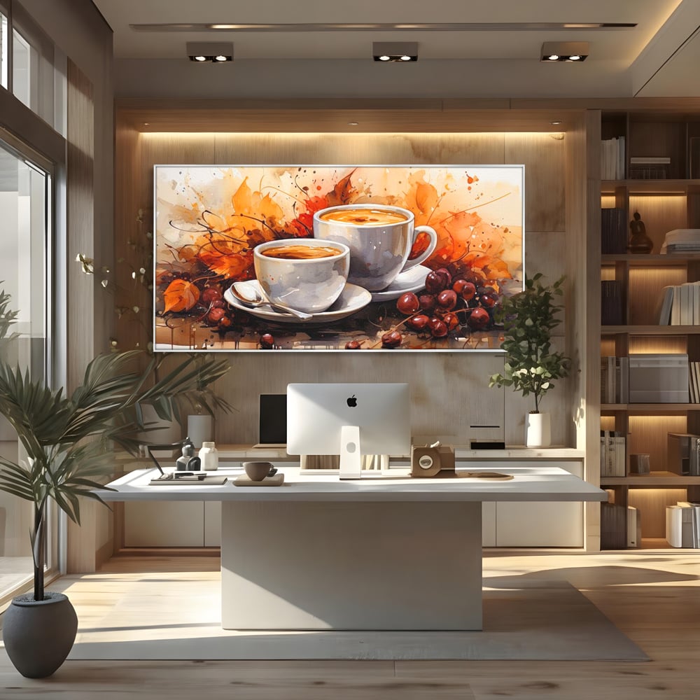Tablou canvas cu pictura cu doua cesti de cafea si frunze de toamna, in rama de aluminiu argintiu, pe perete intr-un birou
