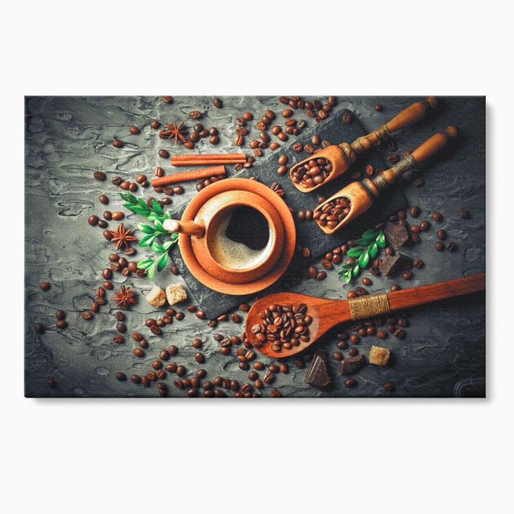 Tablou canvas cu ceasca de cafea si boabe, fara rama, pe sasiu de lemn