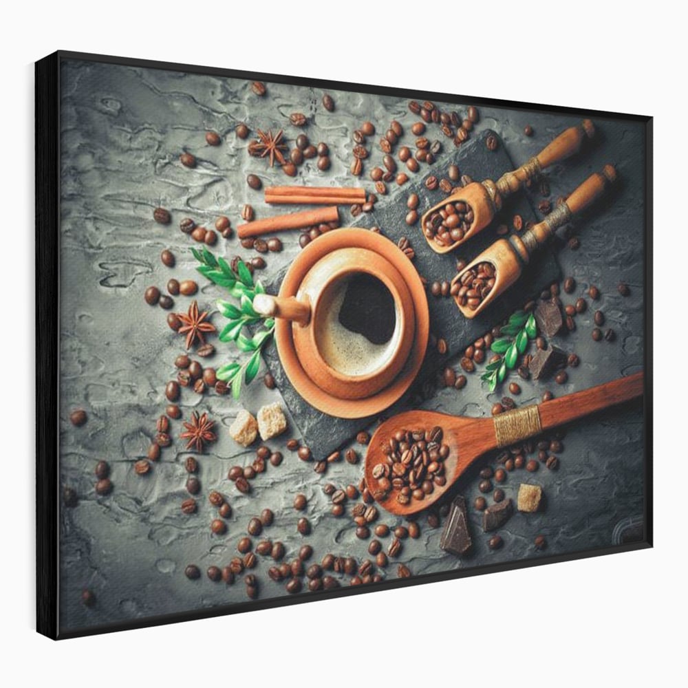 Tablou canvas cu ceasca de cafea si boabe, in rama de aluminiu negru