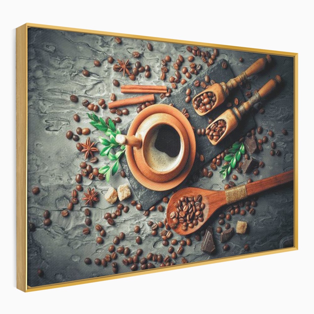 Tablou canvas cu ceasca de cafea si boabe, in rama de aluminiu auriu