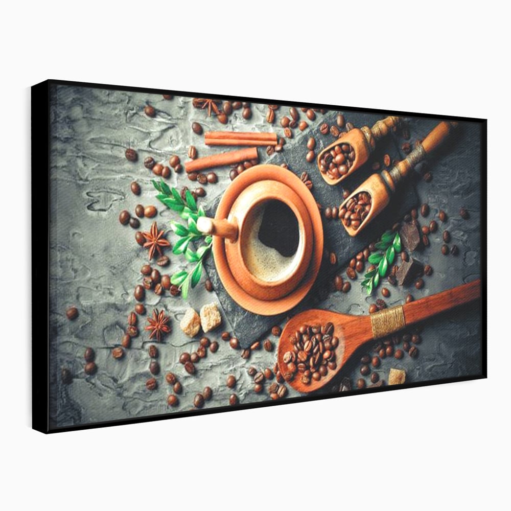 Tablou canvas cu ceasca de cafea si boabe, in rama de aluminiu negru