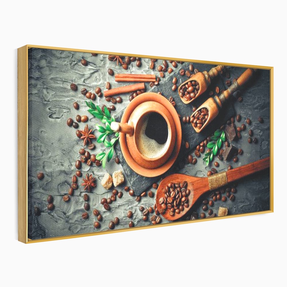 Tablou canvas cu ceasca de cafea si boabe, in rama de aluminiu auriu