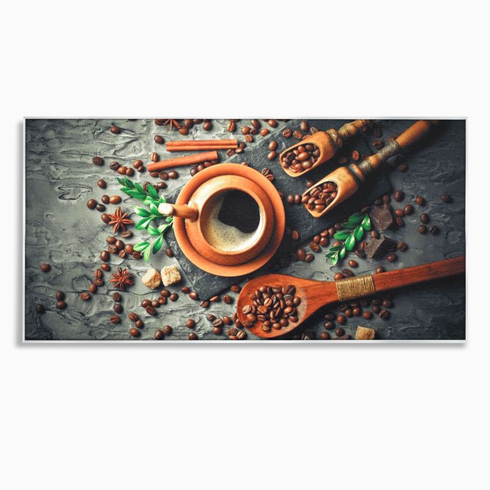 Tablou canvas cu ceasca de cafea si boabe, in rama de aluminiu argintiu