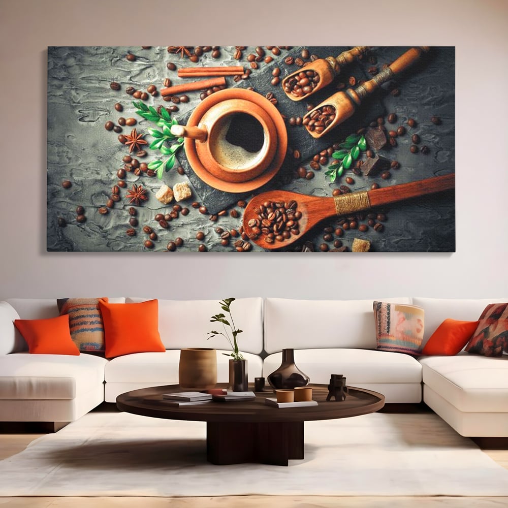 Tablou canvas cu ceasca de cafea si boabe, fara rama, pe sasiu de lemn, pe perete intr-un living