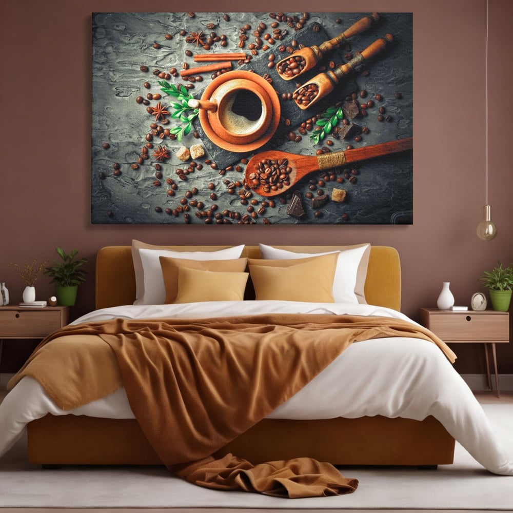 Tablou canvas cu ceasca de cafea si boabe, fara rama, pe sasiu de lemn, pe perete intr-un dormitor