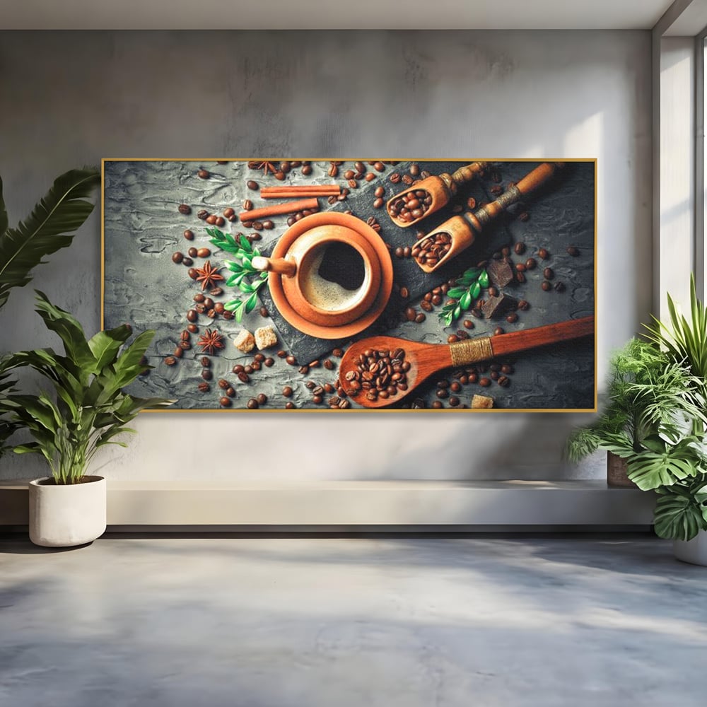 Tablou canvas cu ceasca de cafea si boabe, in rama de aluminiu auriu