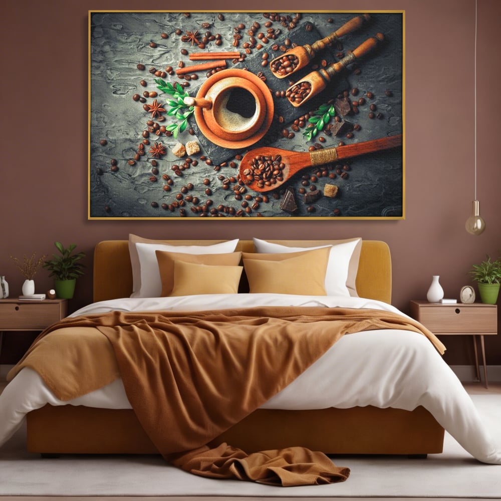Tablou canvas cu ceasca de cafea si boabe, in rama de aluminiu auriu, pe perete intr-un dormitor